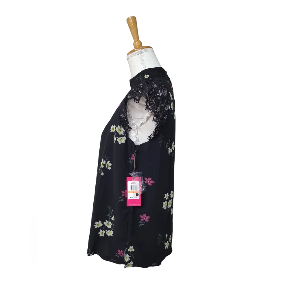 VINCE CAMUTO SHIRT WOMENS SIZE SMALL RICH BLACK FLORAL BLOUSE RAGLAN SLEEVE TOP - Picture 3 of 10